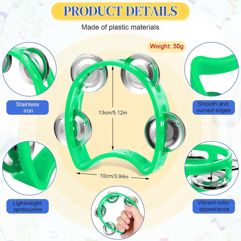 Lukmaa 12 Pcs Plastic Percussion Tambourine with 4 Bells Rhythm Musical Instruments for Adults Hand Tambourine Hand Held Percussion Drum for Party Kindergarten Family School Supplies (Green) - Image 2